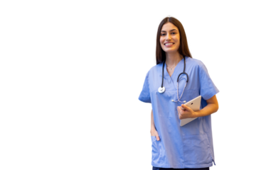 Young female doctor wearing blue scrubs and stethoscope, holding digital tablet and smiling on a transparent background