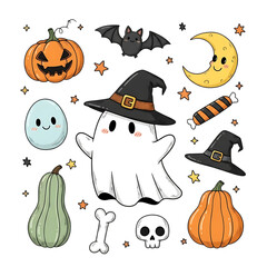 Illustration of a charming halloween illustration featuring a ghost pumpkin bat moon and other spooky elements perfect for adding a festive touch isolated on transparent background