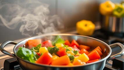 Fresh vegetables sizzling in a stainless steel pan, with steam rising under warm kitchen lighting.
