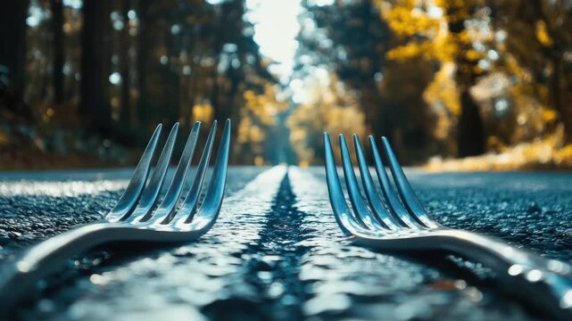 Two forks on road with blurred background