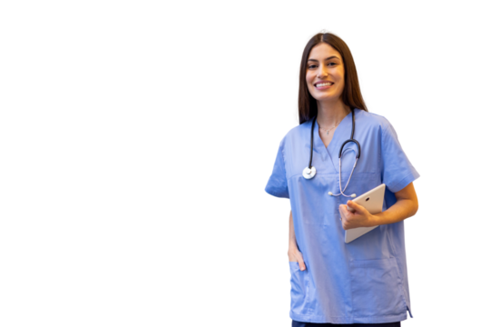 Young female doctor wearing blue scrubs and stethoscope, holding digital tablet and smiling on a transparent background - Powered by Adobe
