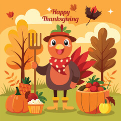 Naklejka premium Cheerful Thanksgiving Illustration with Turkey Autumn Elements Pumpkins and Festive Spirit Capturing the Essence of the Holiday Season