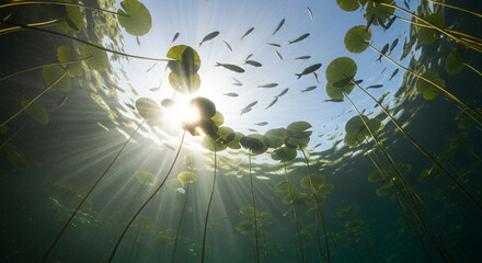Sunlight and Fish in Aquatic Lotus Forest.
Wide underwater shot of lily pads and fish seen from below with bright sunlight above.

