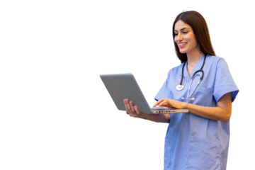 Female healthcare worker typing on laptop, wearing blue medical scrubs and stethoscope against transparent backdrop