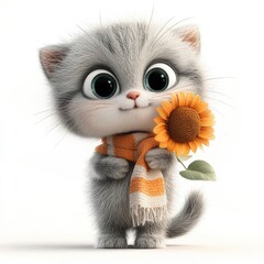 The fluffy gray cartoon kitten, wearing a striped scarf and holding a sunflower, is set against a clean white background, giving a charming and sweet look.