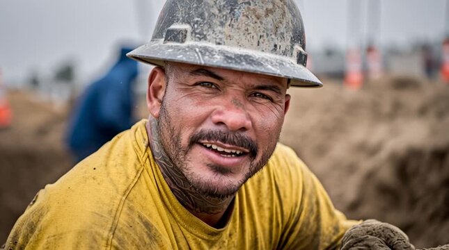 Labor Day concept with an American male laborer doing blue collar work with a rugged and dirty look from working in the field all day