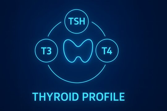 futuristic glowing infographic showing thyroid gland with T3, T4, and TSH test icons. medical concept for thyroid profile lab test, endocrinology, hypothyroidism, and diagnostic evaluation