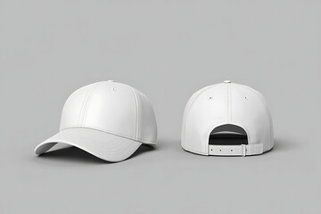 Blank White Baseball Cap Front and Back View Apparel Mockup on Gray Background