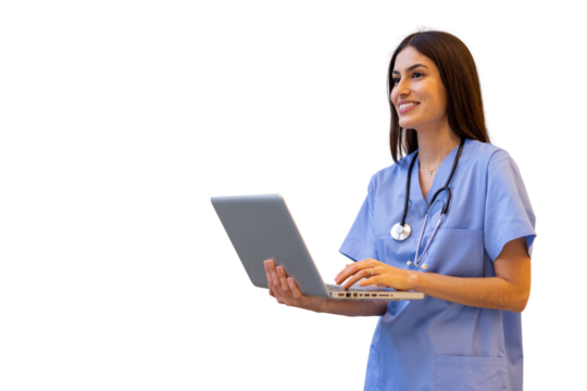 Medical professional in blue scrubs working on laptop, glancing up with warm smile, stethoscope draped, white background