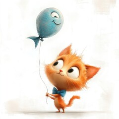 A red cartoon kitten sporting a blue bow tie, holding a fish-shaped balloon, isolated on a white surface. Whimsical and lively character for children.