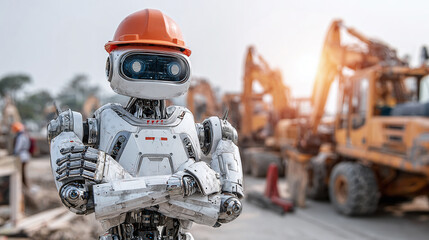 Robotic Construction Worker: Advanced AI stands ready at a busy construction site with heavy equipment, wearing a hard hat.
