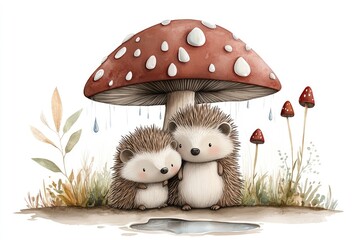Hedgehogs sheltered together beneath a broad mushroom as raindrops fall, causing ripples in nearby puddles. Touching design, children's book art.