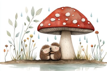 Small hedgehogs huddling under a large mushroom during a gentle rain. Raindrops fall, creating tiny ripples in the mud. Touching drawing, greeting card design.