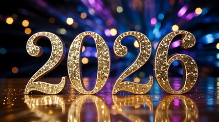 Sparkling golden numbers 2026 illuminated with festive bokeh lights celebrating new year s eve and future celebrations