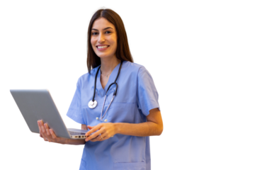 Medical professional smiling, holding laptop, representing healthcare expertise with modern connectivity on transparent background
