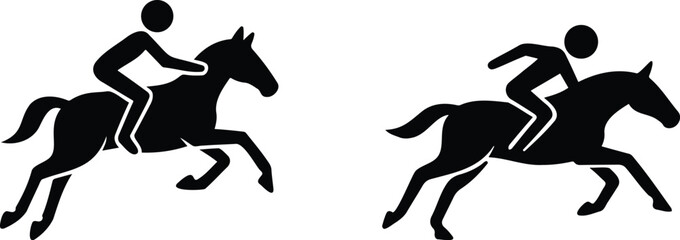 Obraz premium Stickman horse rider galloping in dynamic racing motion, equestrian sport silhouettes in black