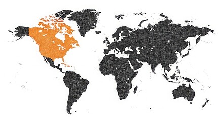 World map with north america highlighted in orange and the rest of the world in black dots