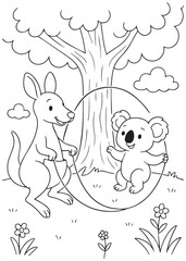 Coloring book page of kangaroo friends and a koala playing with a jump rope.