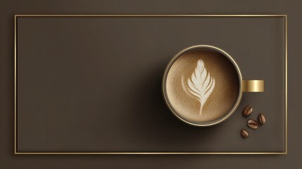 Top view of a stylish coffee cup with latte art and coffee beans on a brown background with golden frame accents.
