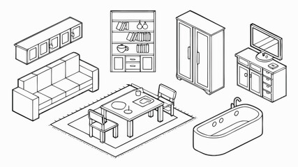 Furniture Outline Top and side View Icon Set, Thin Line Vector Symbols for Interior Design and Architectural Floor Plan Layouts