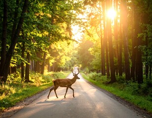 Fototapeta premium Deer crossing a forest road at sunrise