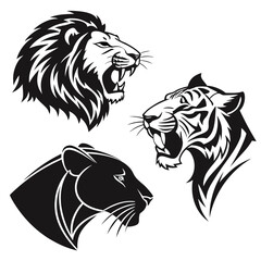 Big Cat Heads Lion Tiger Panther In Bold Blac