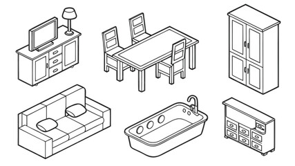 Furniture Outline Top and side View Icon Set, Thin Line Vector Symbols for Interior Design and Architectural Floor Plan Layouts