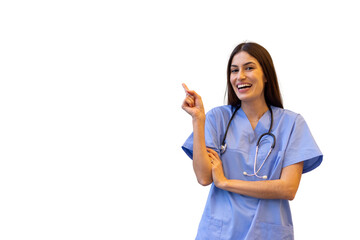 Happy medical professional pointing finger to the side while smiling on a transparent background