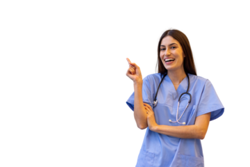 Happy medical professional pointing finger to the side while smiling on a transparent background