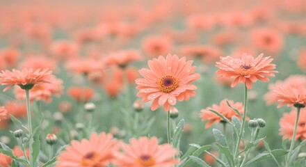 A field of peach colored daisy flowers with water droplets on the petals in soft focus light