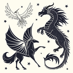 Mythical Animal Silhouettes Unicorn Phoenix D