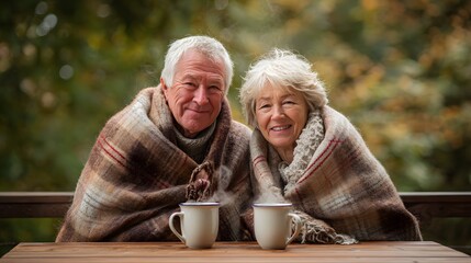 Senior Caucasian couple wrapped in blankets, sitting at a wooden table with mugs. Autumn colors in the background create a cozy countryside atmosphere.
