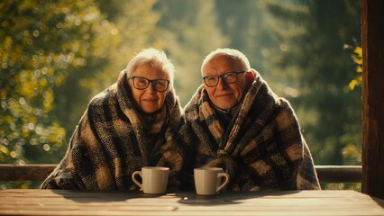 Two senior Caucasian individuals sit together wrapped in cozy blankets, enjoying warm drinks in a serene autumn countryside setting.