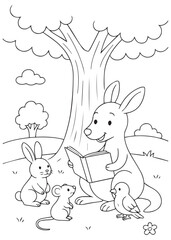 Coloring book kangaroo reading a book to small animals under a tree.