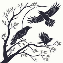 Stylized Crow And Raven Silhouettes Perched Fl