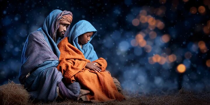 Advent concept featuring winter manger scene for winter religious holidays recreating black Joseph and Mary Christ 