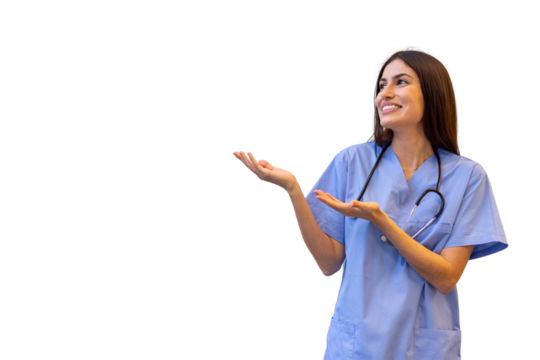Friendly medical professional presenting something with open hands, looking up and smiling, on a transparent background