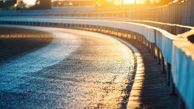 Sunset lighting on curved, empty racetrack with railing