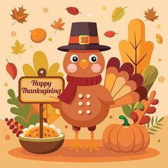 Naklejka premium Festive Thanksgiving Illustration with Cartoon Turkey Pumpkin and Autumn Leaves Perfect for Holiday Greetings and Seasonal Decorations