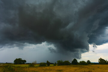 Dramatic storm clouds in the sky, dark severe storm clouds, supercell.