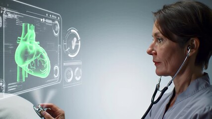 Female doctor examining digital heart hologram with medical interface technology. Healthcare professional using futuristic diagnostic tools for cardiology analysis. Modern medicine visualization - Powered by Adobe