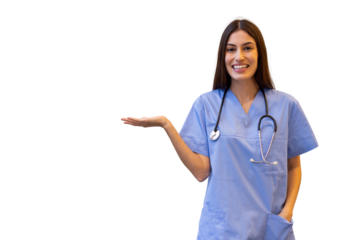 Friendly female doctor wearing blue scrubs and stethoscope is smiling and gesturing with her hand on a transparent background