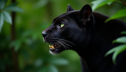 Black panther animal profile in a green forest