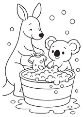 Coloring book kangaroo bathing a koala in a tub with bubbles. © listyo