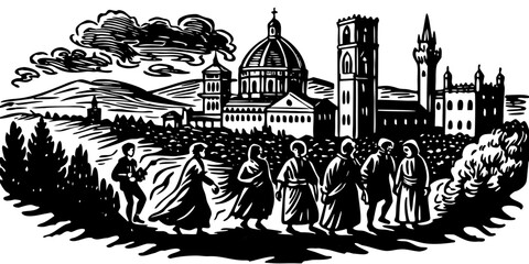 Vector art of black and white cityscape illustration of people walking towards buildings and landscape with mountains and clouds vector illustration