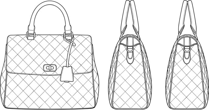 Elegant Quilted Handbag Flat Sketch Vector Illustration for Fashion Design, Stylish Women's Accessory Outline Drawing, Luxury Bag Technical CAD for Apparel Production