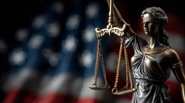 statue of justice holding the scales of justice in front of american red white and blue star spangled banner flag