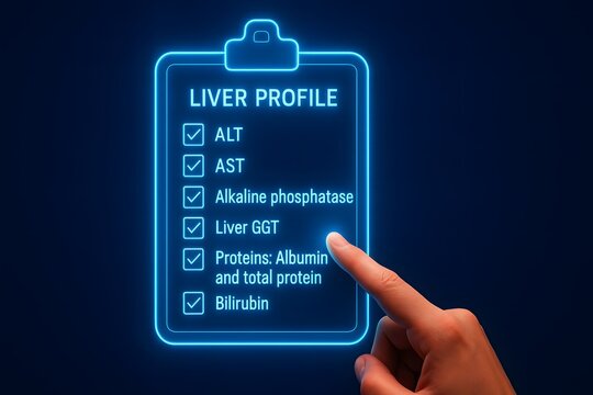 digital neon infographic of liver function test panel with ALT, AST, GGT, bilirubin, and albumin shown on a glowing blue clipboard. lab diagnostics concept for liver health and medical testing visuals