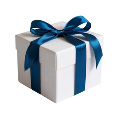 Obraz premium Cutout of a White Box with Royal Blue Ribbon. White gift box with blue bow