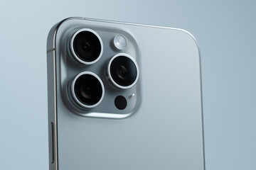 30 July, 2025 Kyiv, Ukraine: Apple iPhone 15 Pro Max, High-resolution photo of smartphone triple lenses
